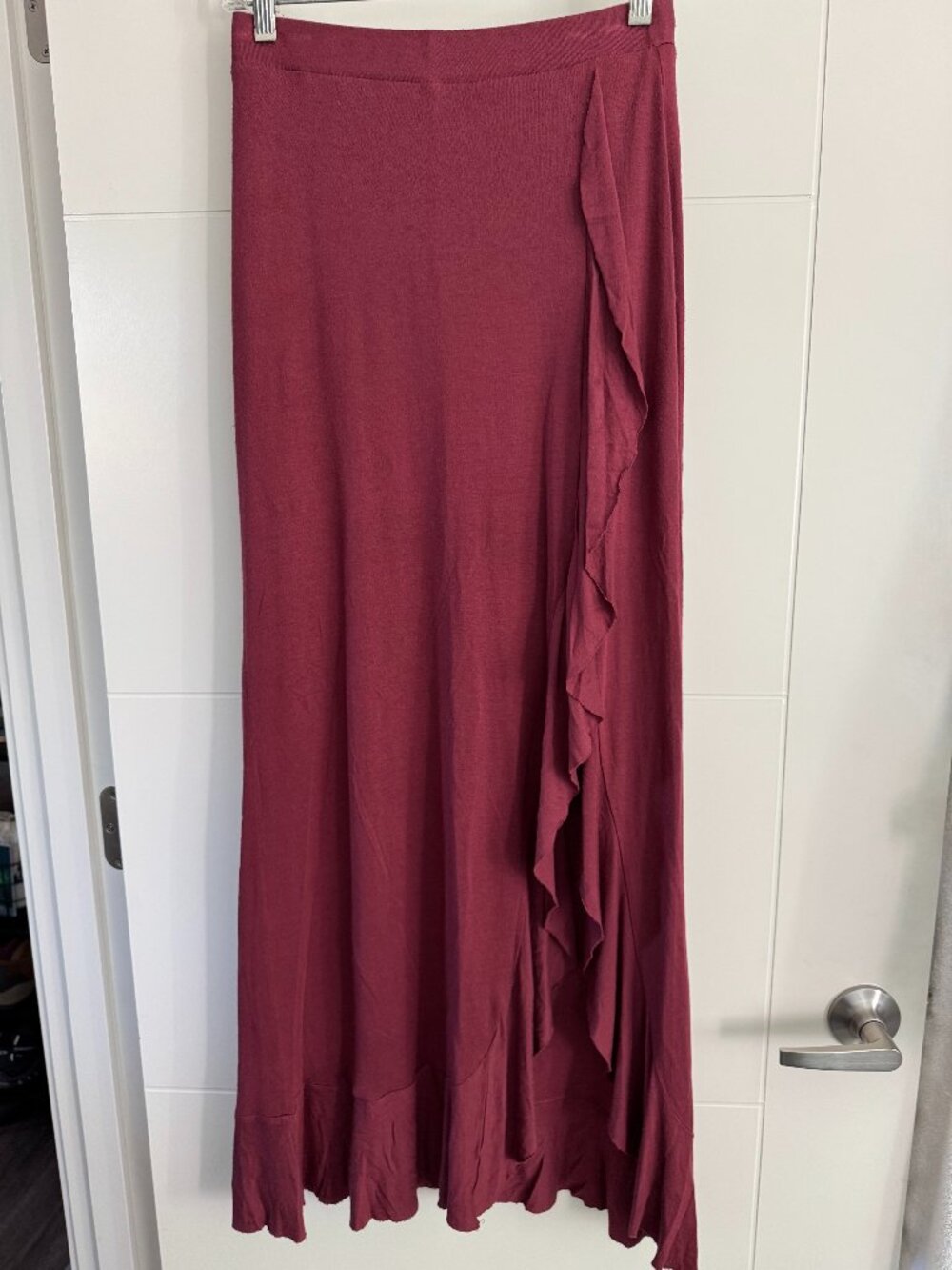 Burgundy Ruffled High-Low Midi Skirt